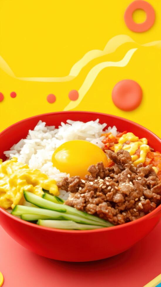 Bibimbap bowl with rice, egg, meat, and vegetables. Possible menu item or blog photo