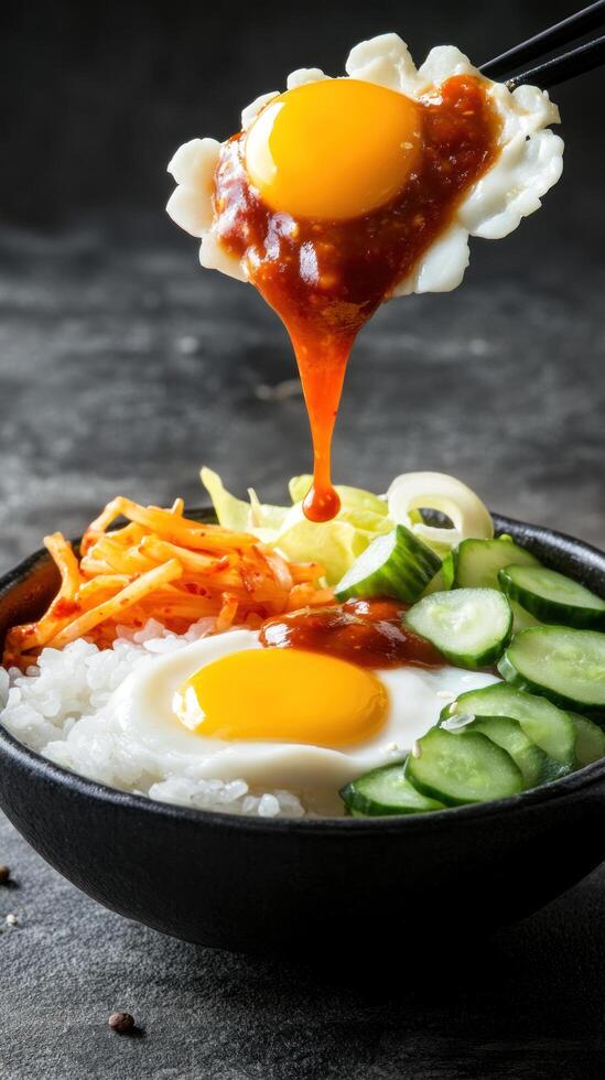 Bibimbap dish prepared with rice, vegetables and egg with sauce. For restaurant menu, culinary blog photo