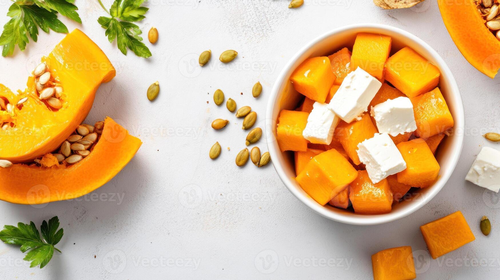 Bowl of butternut squash with feta cheese, and pumpkin seeds on a white table, for healthy eating photo