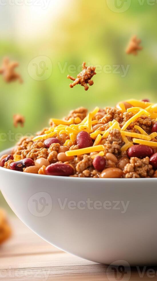Bowl of chili with cheese on a wooden table with blurry background and flying food chunks for advertising photo