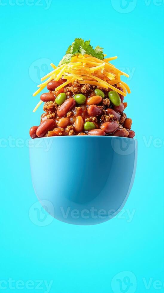 Bowl of Chili with cheese and garnish on blue background for social media food content photo