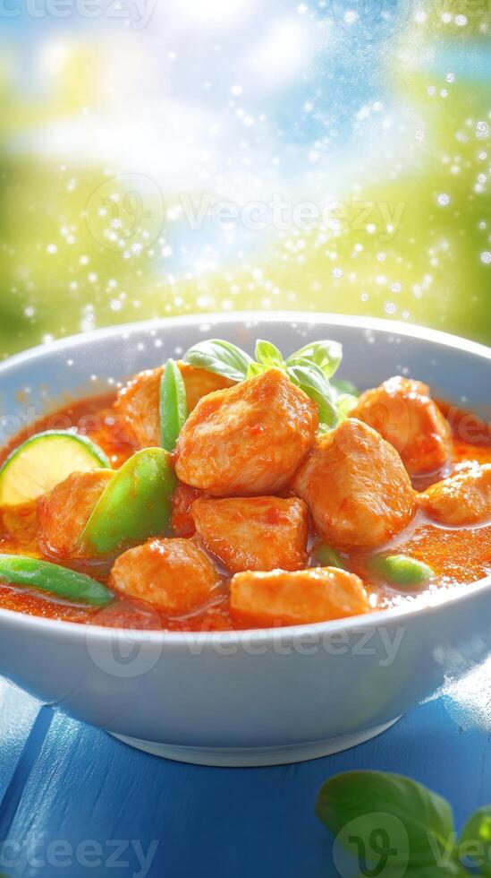 Bowl of Chicken Curry with Green Beans on a Blue Table, with Green and White Background, for cookbook photo
