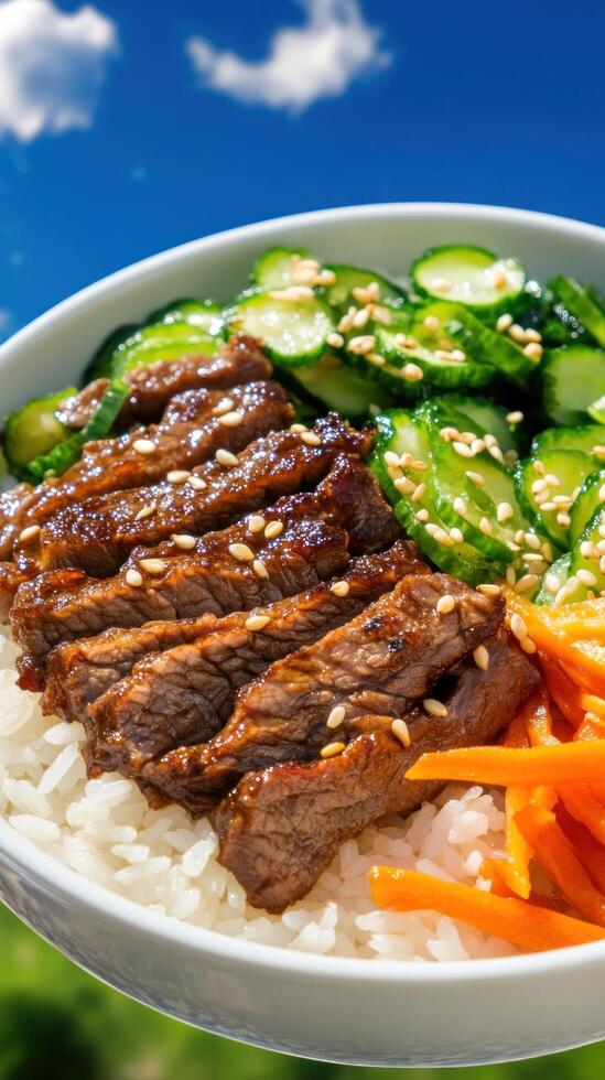 Bowl of Korean beef bulgogi with rice, carrots and cucumber salad served outdoors for healthy eating photo