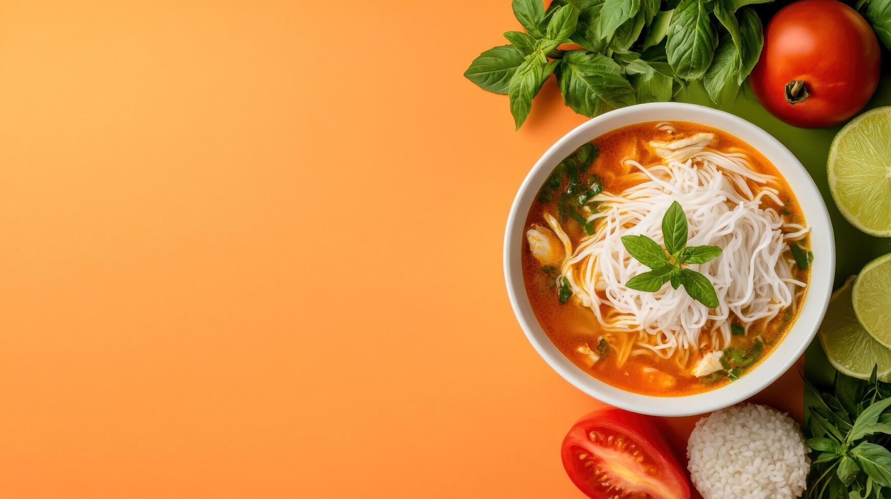 Bowl of noodle soup with veggies. Using for ad or menu creation. Bright orange background photo