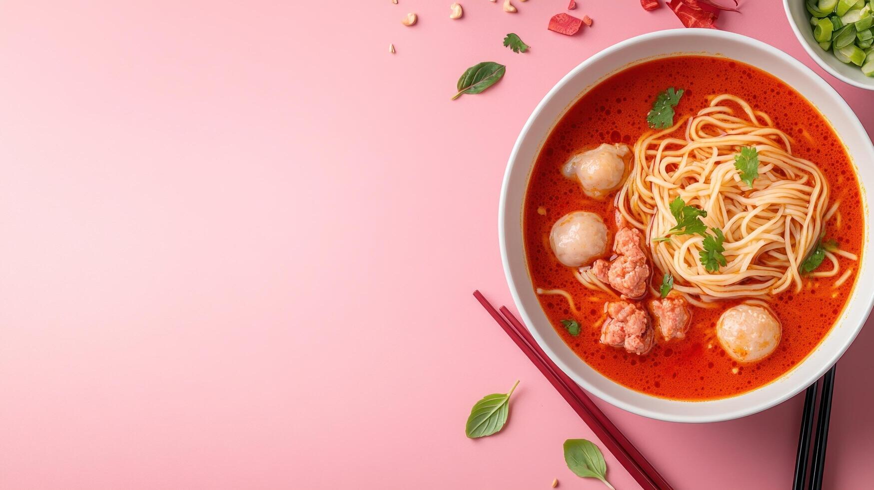 Bowl of noodles with meat balls on a colorful background, studio shot. For menu recipe, cookbook photo