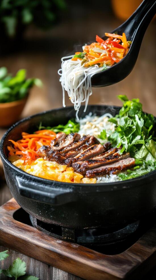 Bowl of noodles with meat, vegetable, and sauce, steaming, on wood table for lunch photo