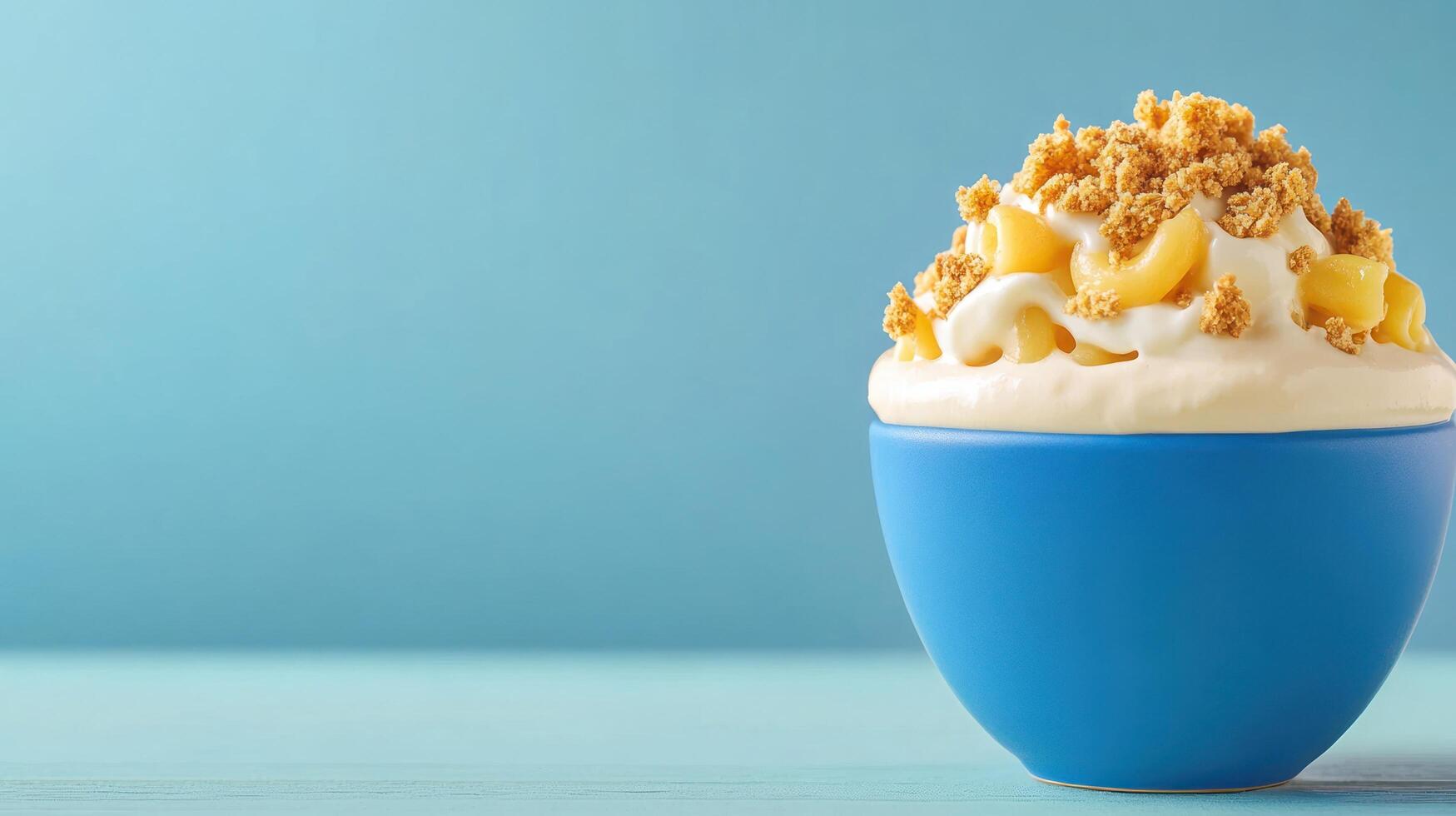 Bowl of pasta topped with sauce and crumbs on a blue background for food advertising photo