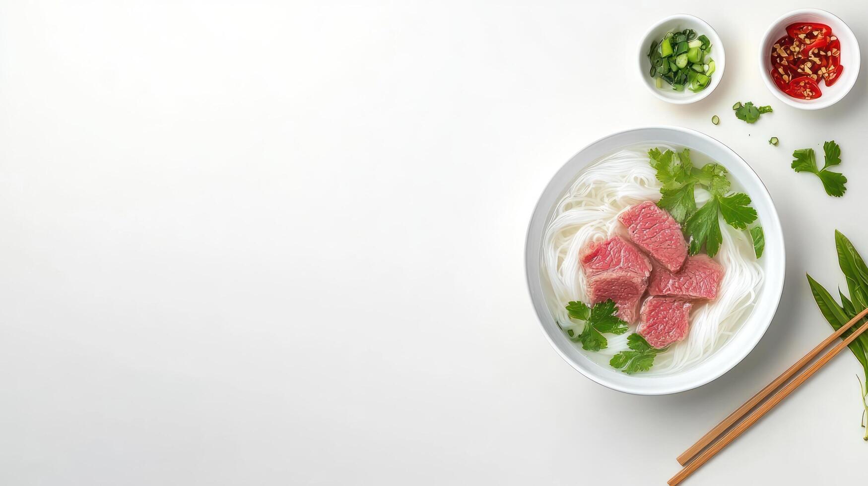 Bowl of pho with beef broth and vegetables, served on a white table with herbs and spices photo