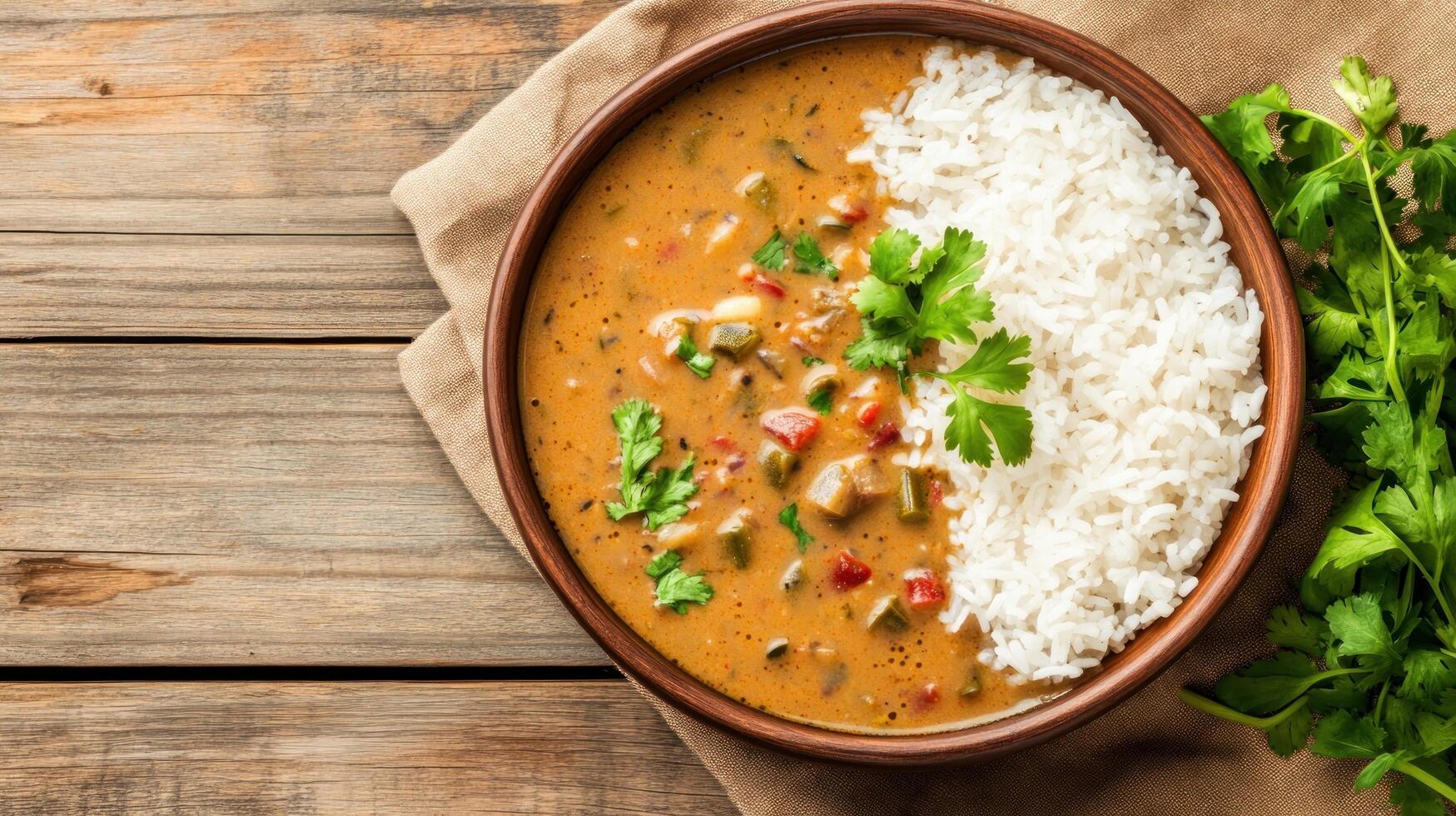 Bowl of rich stew with rice and parsley served on wooden table. Food blog, recipe concept photo