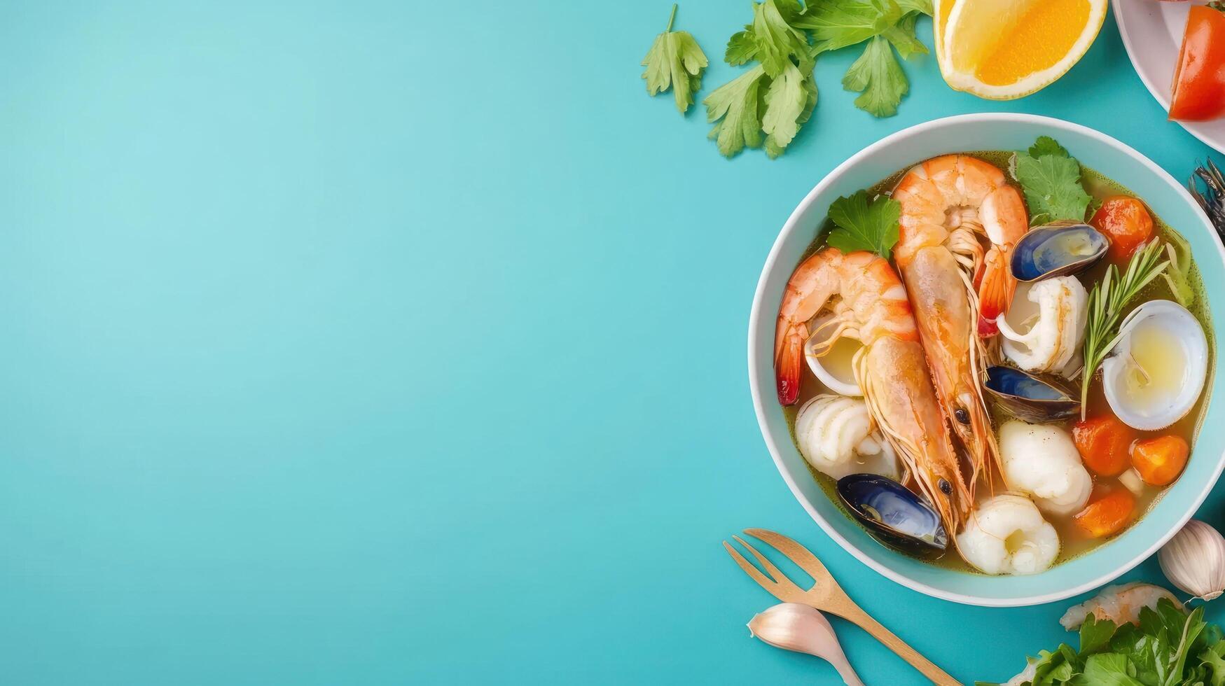 Bowl of seafood soup, top view. Restaurant food concept. Copy space on the blue background photo