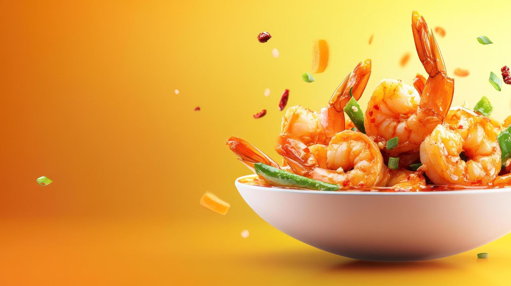 Bowl of shrimp with herbs, spices, and carrots floating on bright yellow background for food advertisement photo