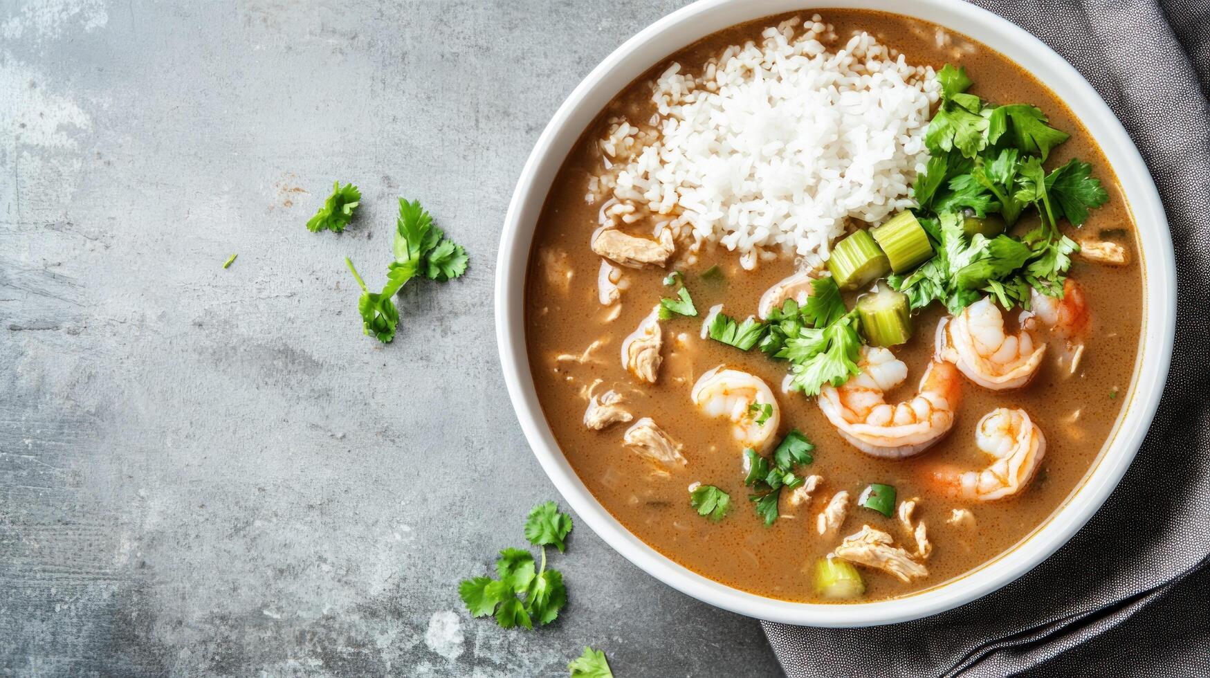 Bowl of shrimp gumbo with rice and garnish on tabletop. Ready to eat meal for lunch or dinner photo