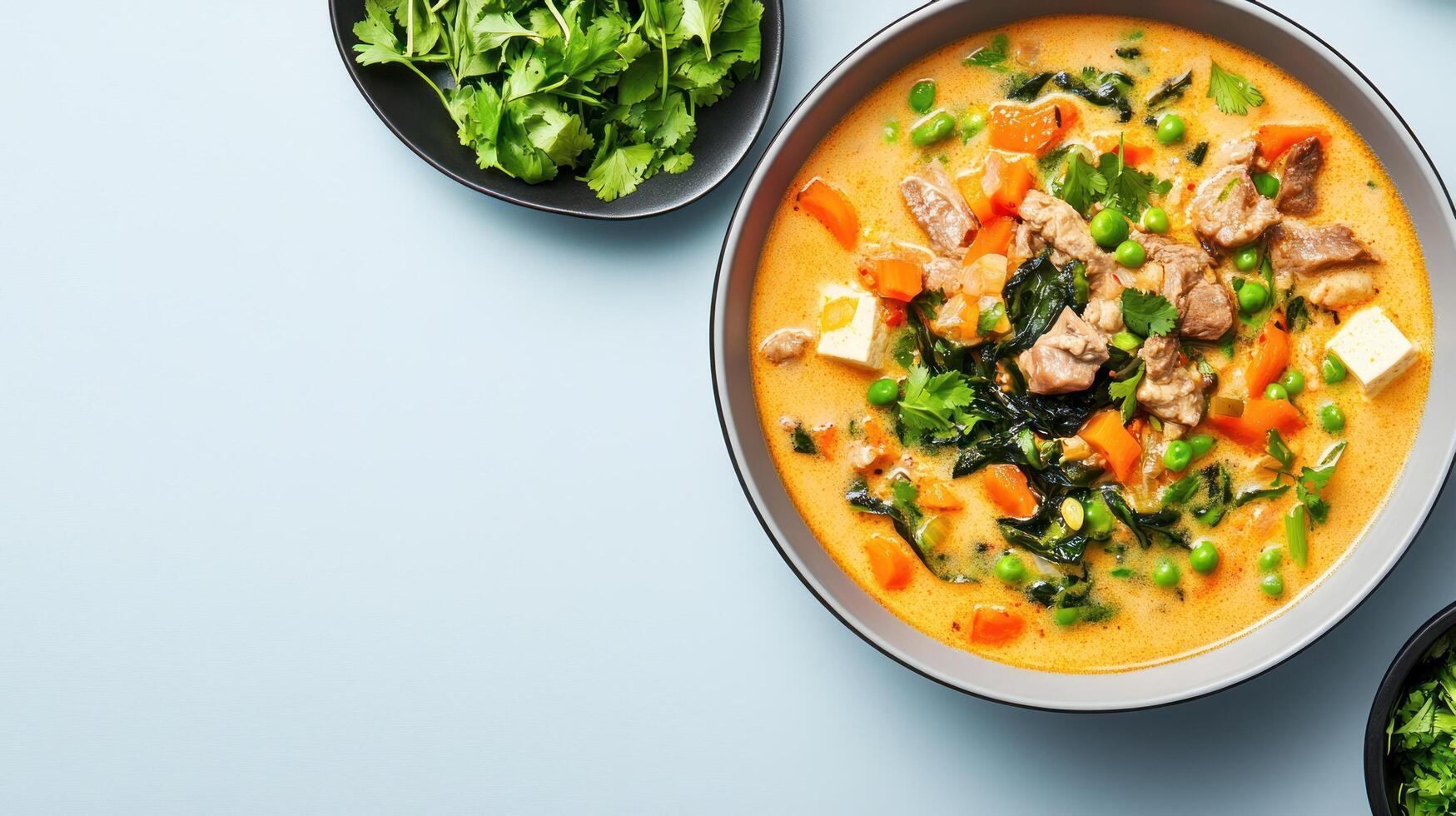 Bowl of soup with meat and vegetables served on blue background for recipe, food blog photo