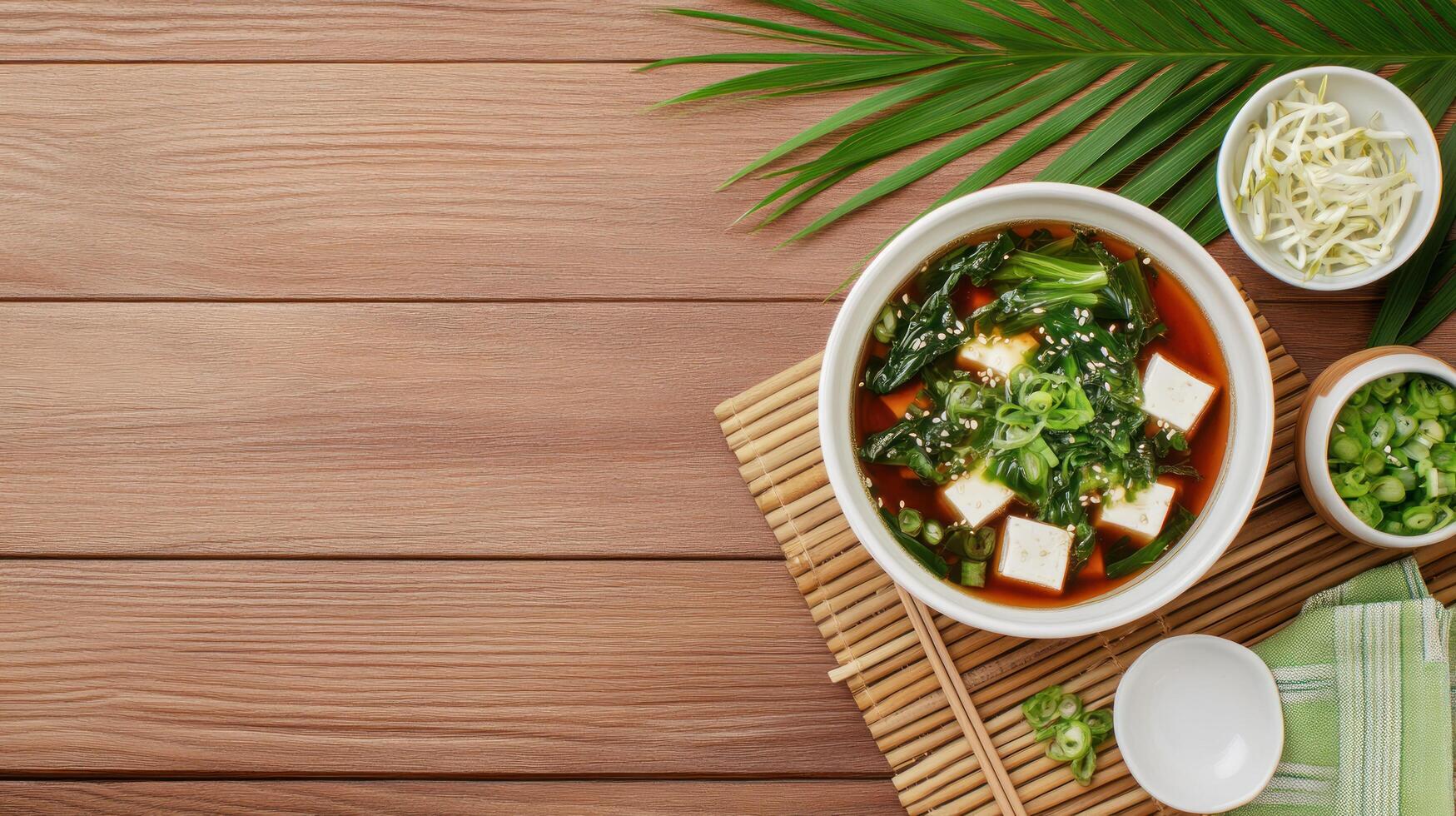Bowl of soup on wood greens, tofu, sprouts. Can illustrate healthy eating, Japanese, Asian photo