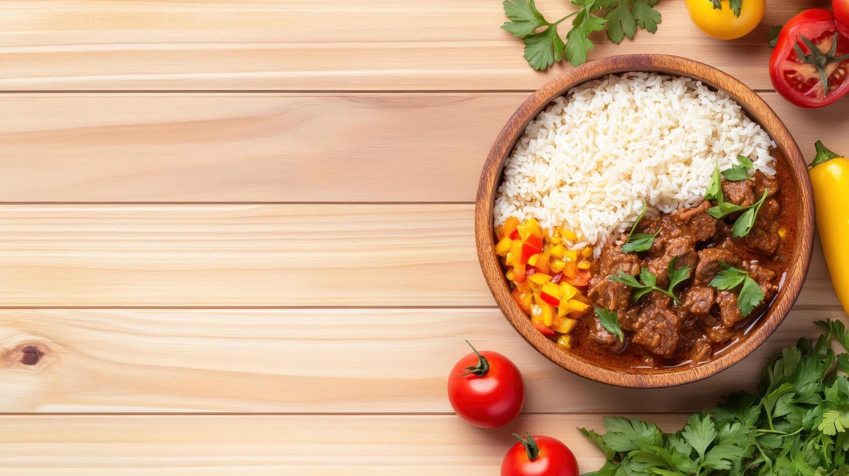 Bowl of stew with rice and vegies on wood table, used in restaurant menu, banner photo