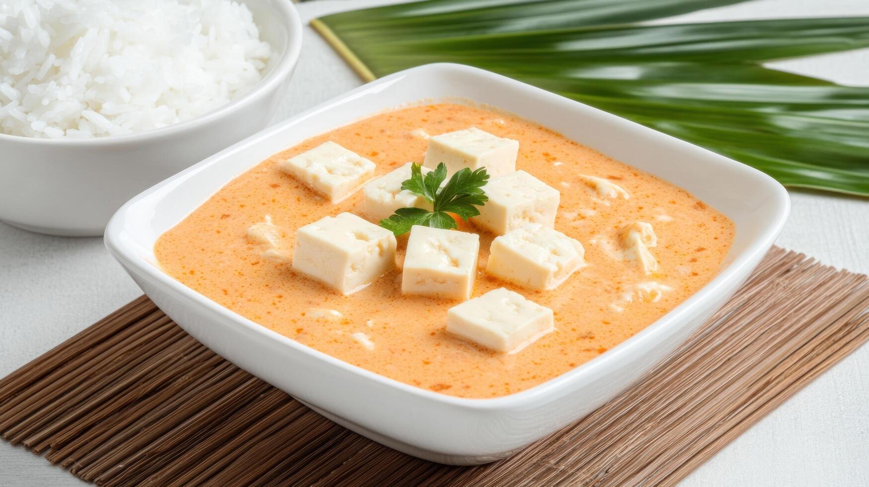 Bowl of tofu curry next to rice, a tropical leaf in background. Food blog or recipe site photo