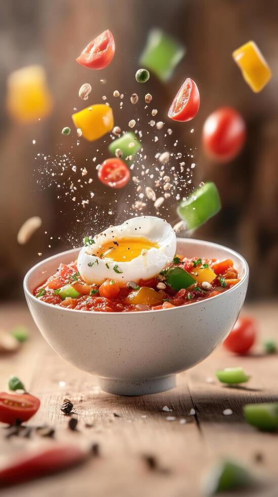 Bowl of vegetables with poached egg and spices on rustic table for cookbook or restaurant menu photo