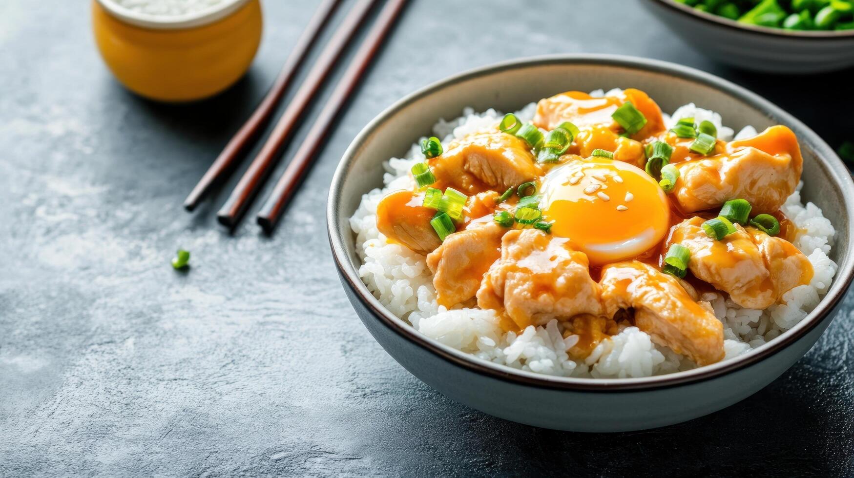 Bowl with Chicken, Egg, and Rice. Asian Lunch on dark surface, chopsticks, scallions as garnish photo