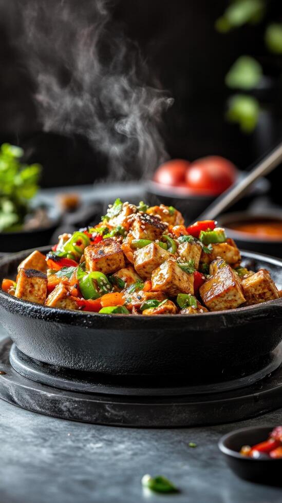 Bowl with fried tofu, peppers and herbs, steaming, on a black background for a food blog photo