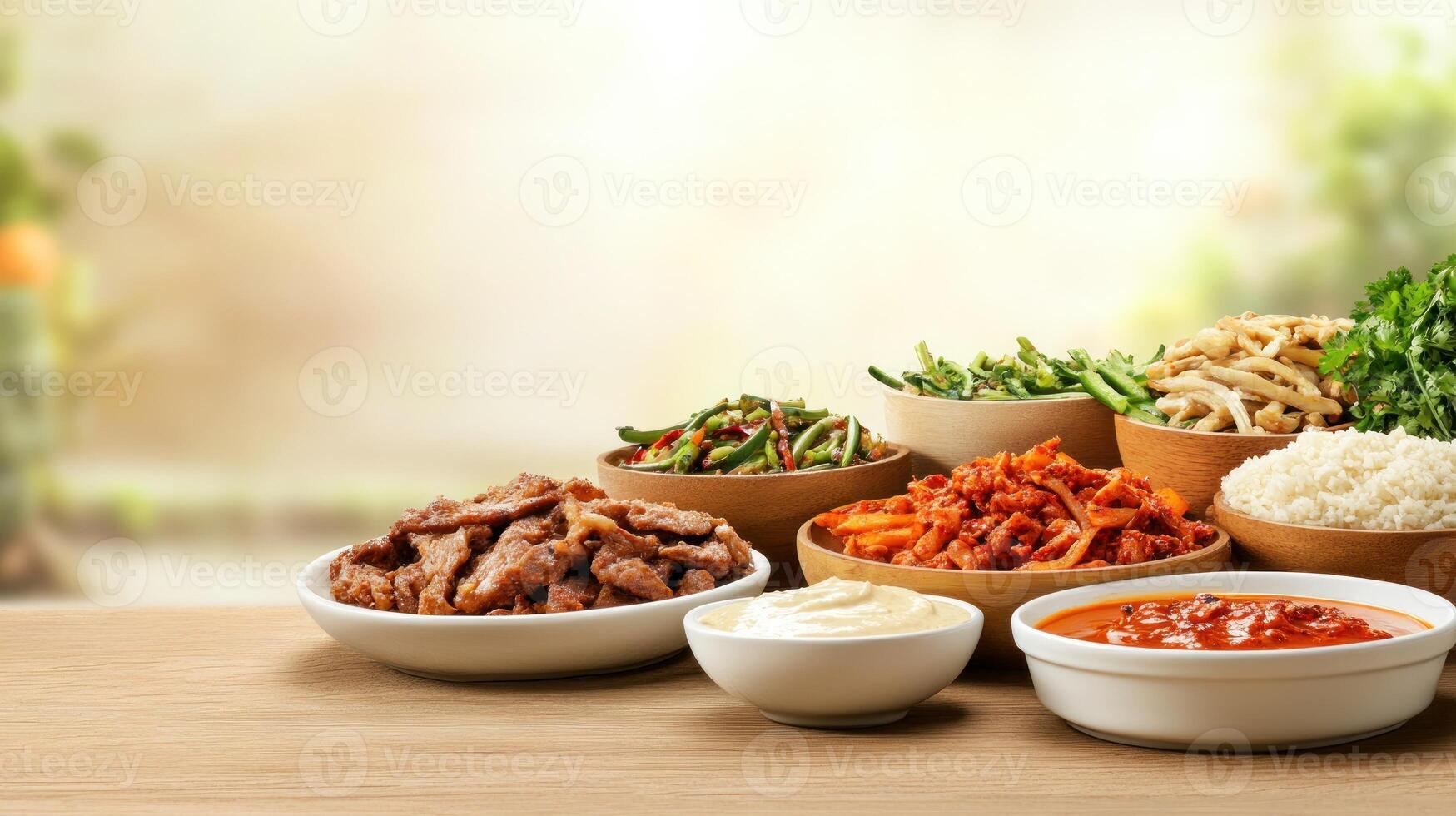Bowls of meal ingredients arranged on wood table, garden background. Food marketing photo