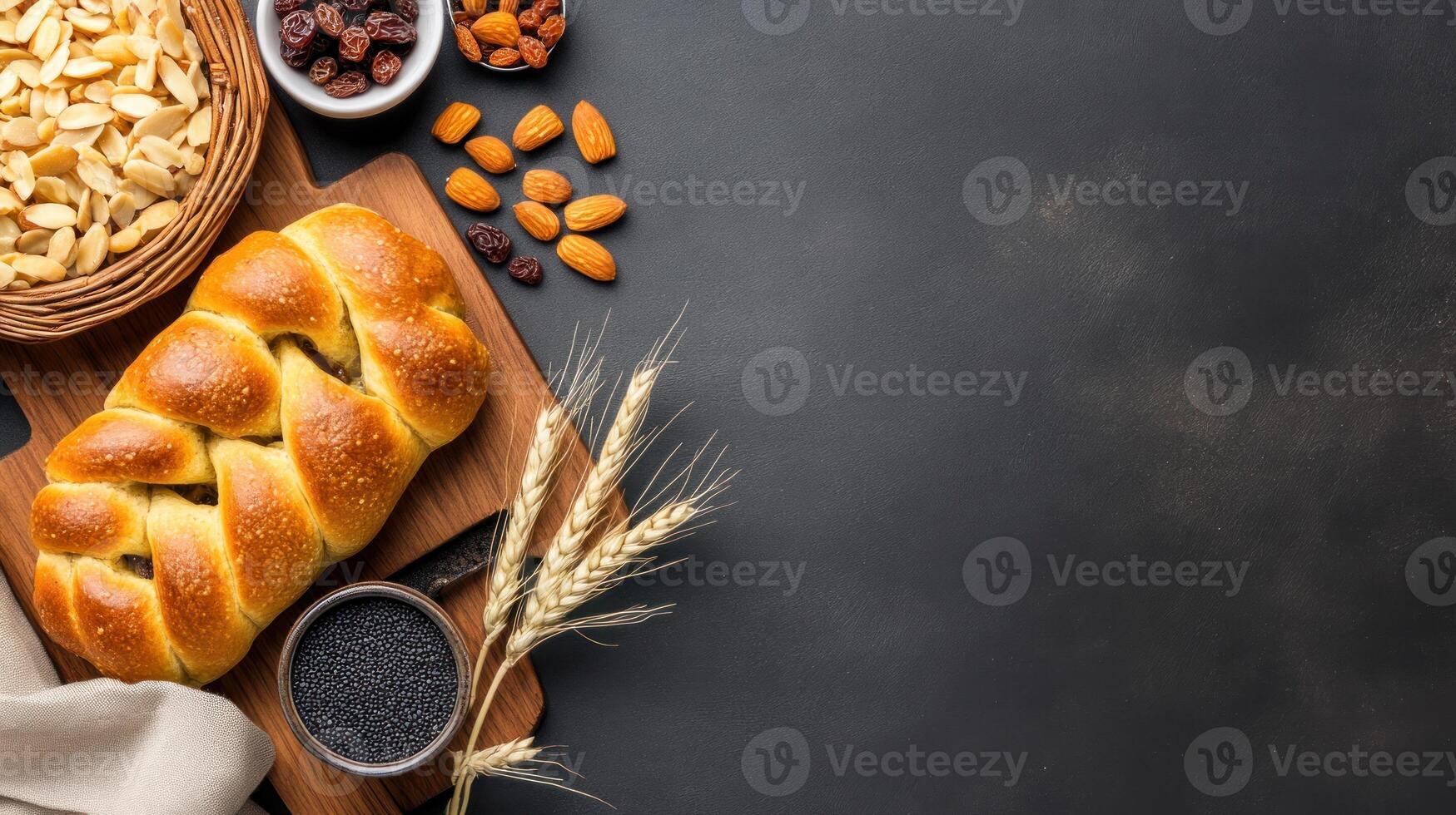 Braided loaf bread with grains, seeds, and nuts on a wooden board for eating photo