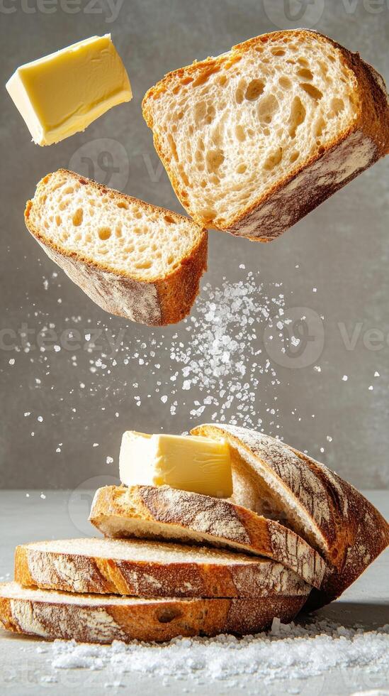 Bread and butter are falling. Food concept. The background is blurred. For restaurant use photo