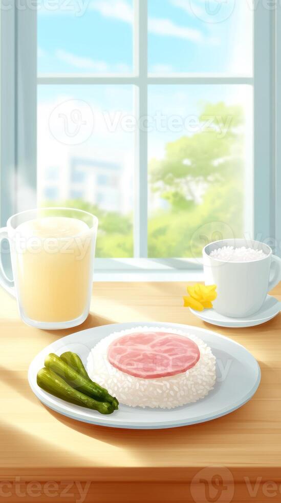 Breakfast at home rice with meat and pickles served near the window on sunny morning photo