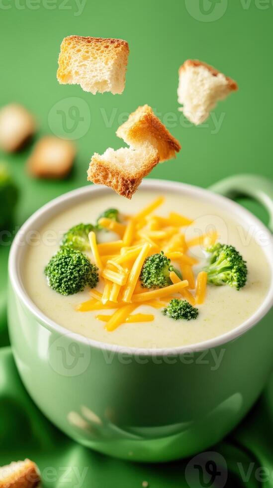 Broccoli soup with croutons on top. Comfort food perfect for a cold day photo