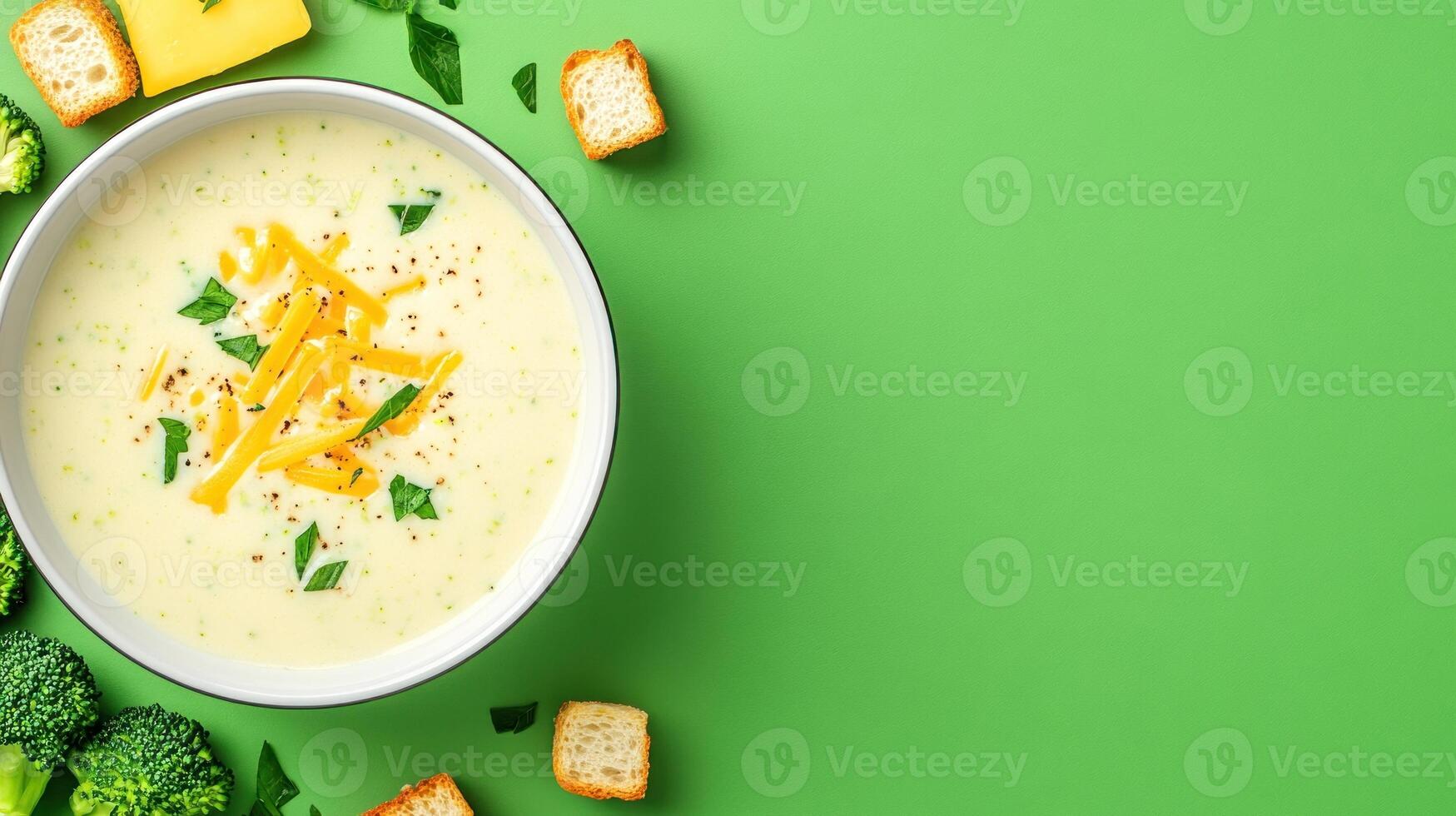 Broccoli cheddar soup in a bowl on green background with croutons and cheese for food blog or cooking ads photo