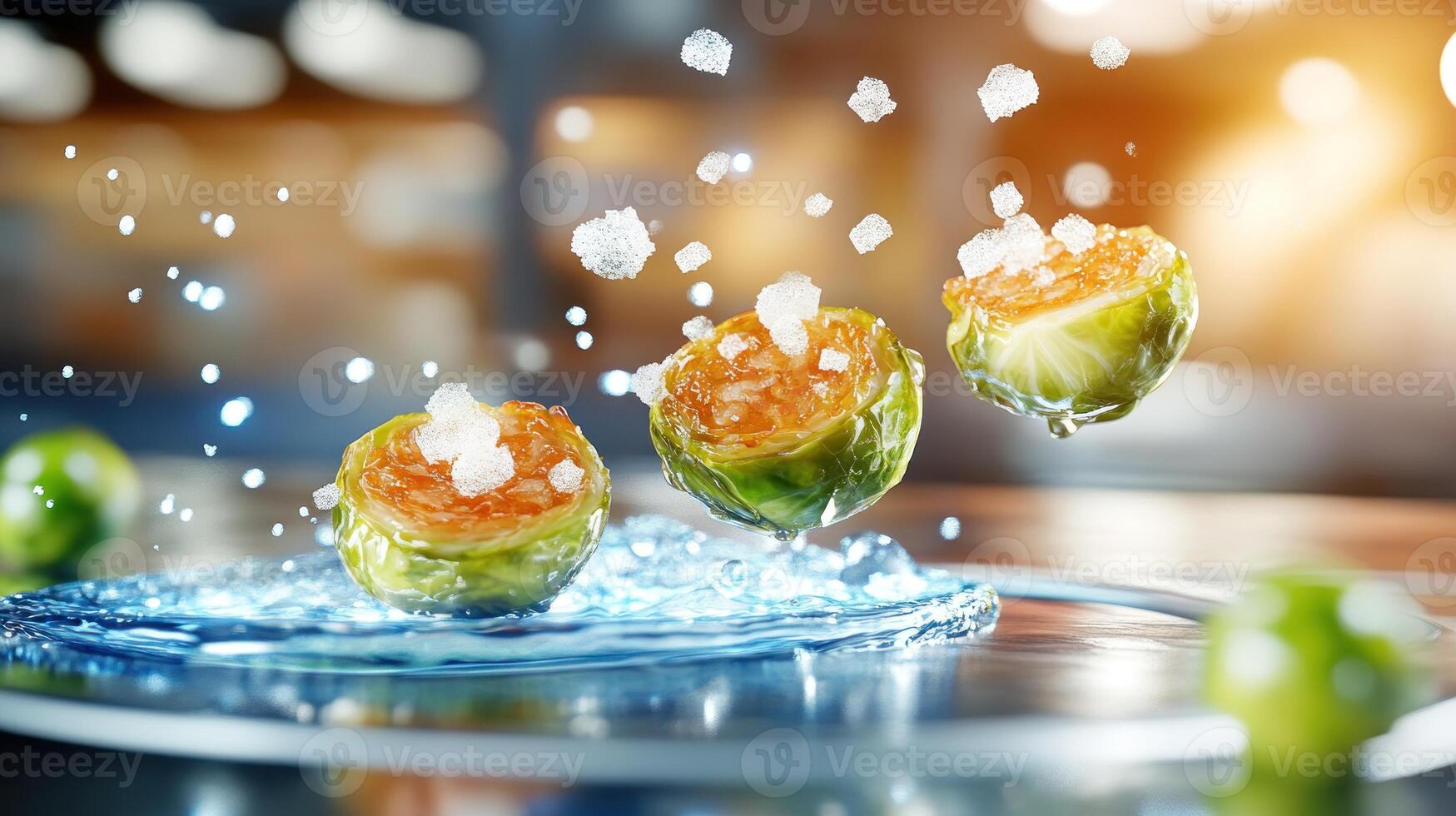 Brussels sprouts with salt levitating on a blue plate against warm kitchen lights, for cooking blog photo