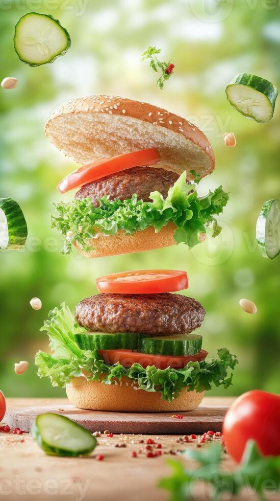 Burger ingredients floating, garden scene, bokeh effect, summer vibes. Food photography for blog posts photo
