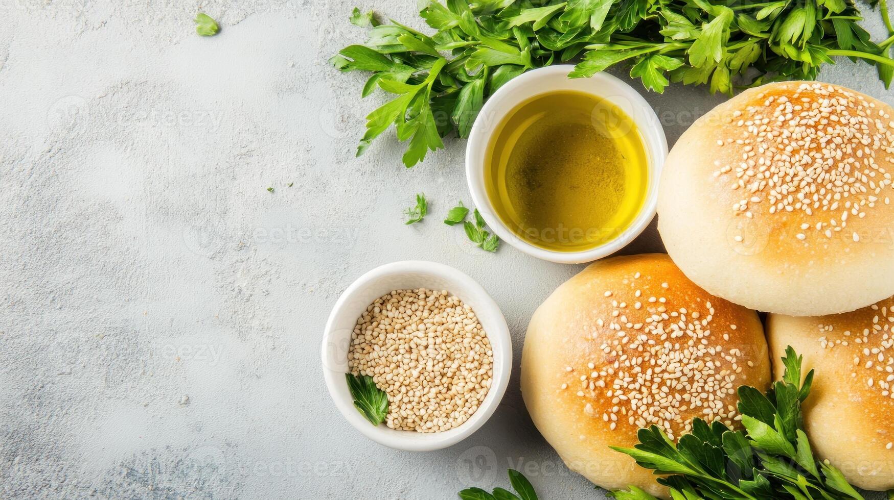 Burger buns, parsley, oil and sesame seeds on gray surface. Food preparation from above photo