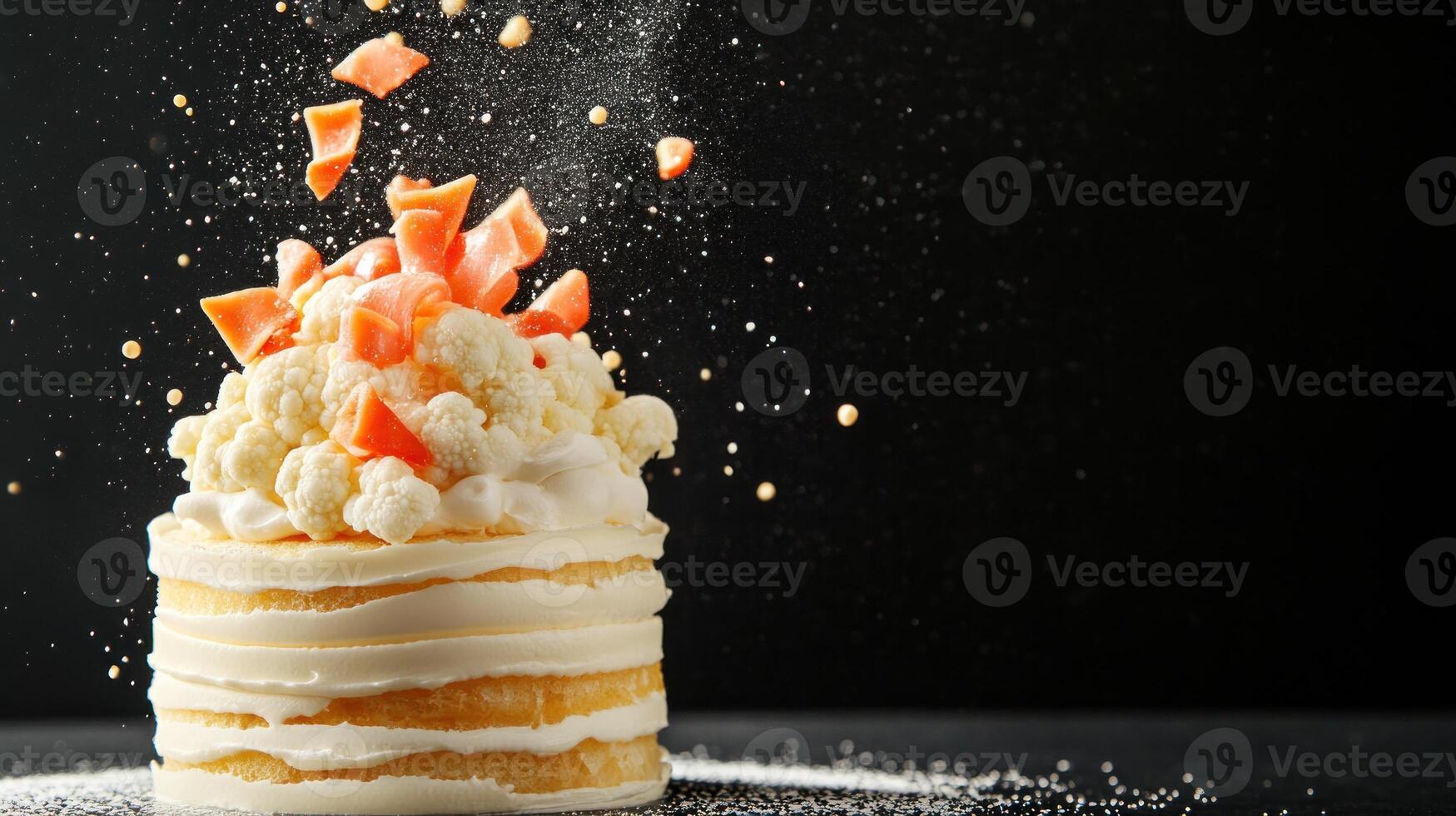 Cake decorated with cream, cauliflower and carrots with a black background, for a party or celebration photo