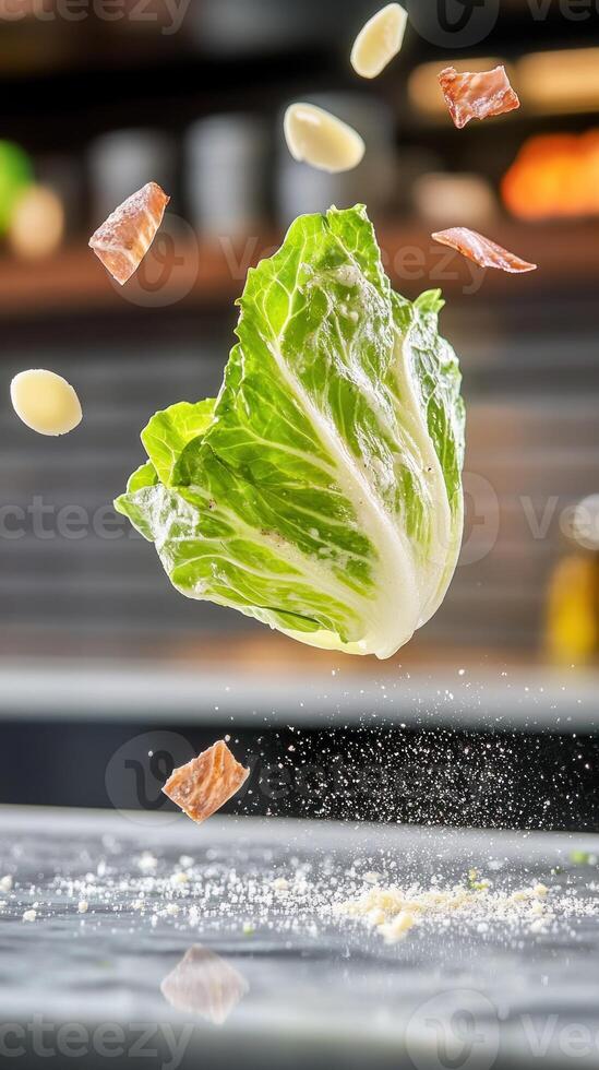 Caesar salad ingredients levitating, prepared over a counter in a kitchen. Use in culinary articles photo