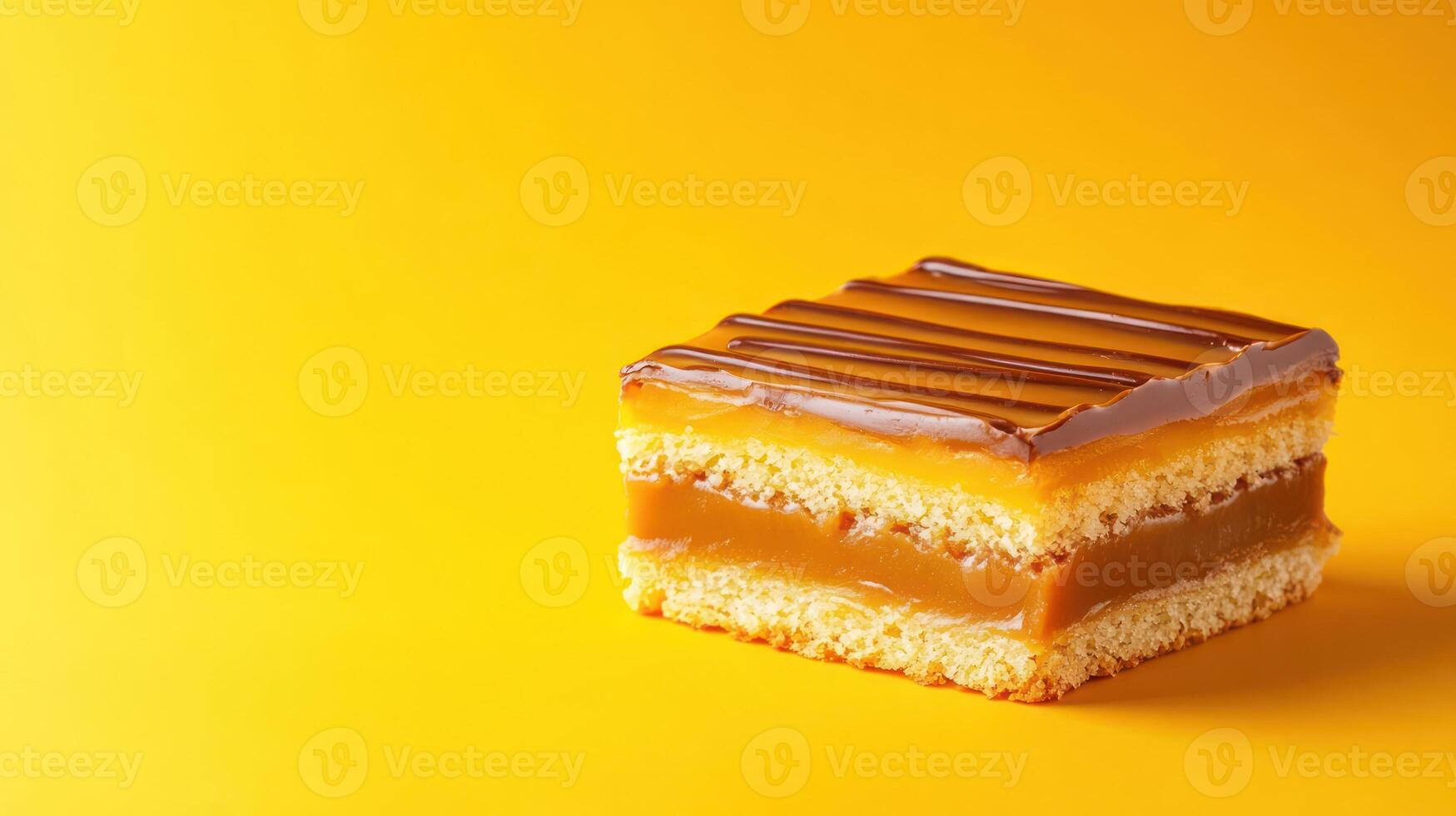 Caramel slice on bright yellow backdrop. Sweet treat for dessert, bakery, or confectionery photo