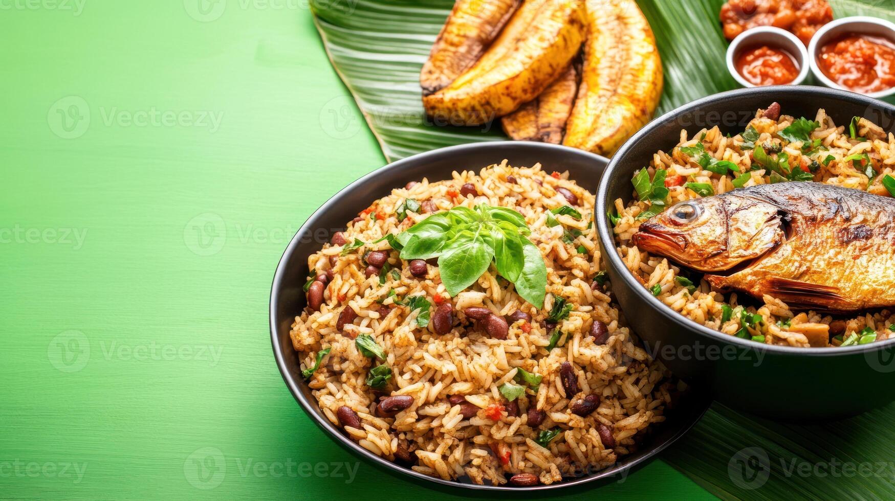 Caribbean rice, fish, plantain dish on banana leaf background, for food blog or cookbook use photo