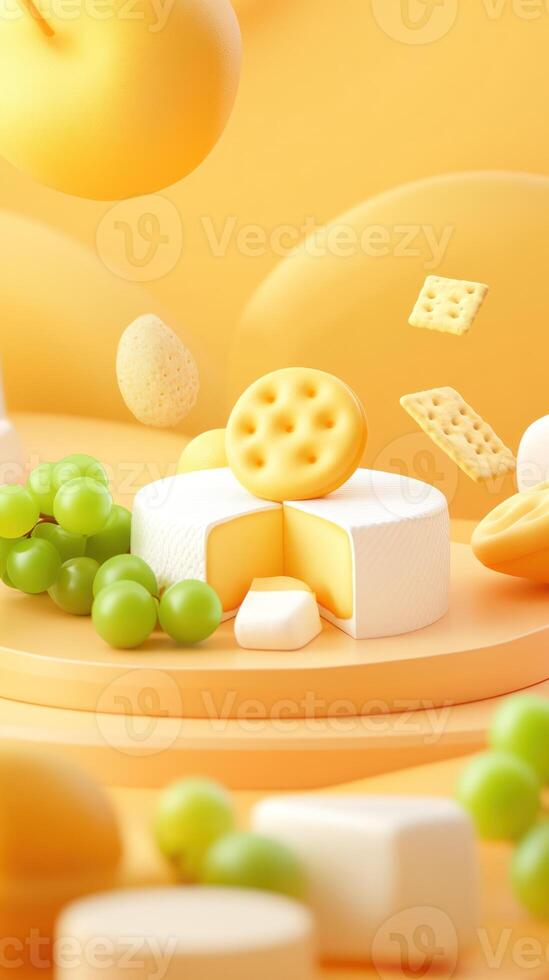 Cheese, grapes and crackers on an orange table with abstract background, for food or recipes photo