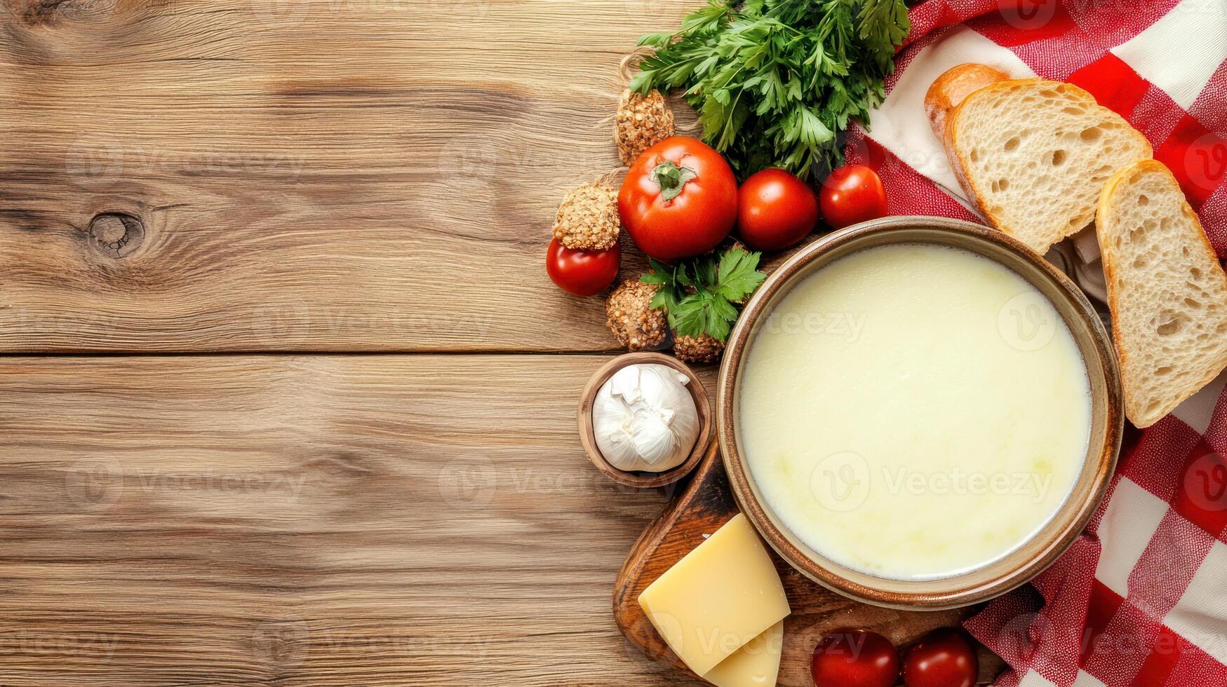Cheese fondue with bread on rustic wood table. Warm, savory meal at home. Dinner party menu photo