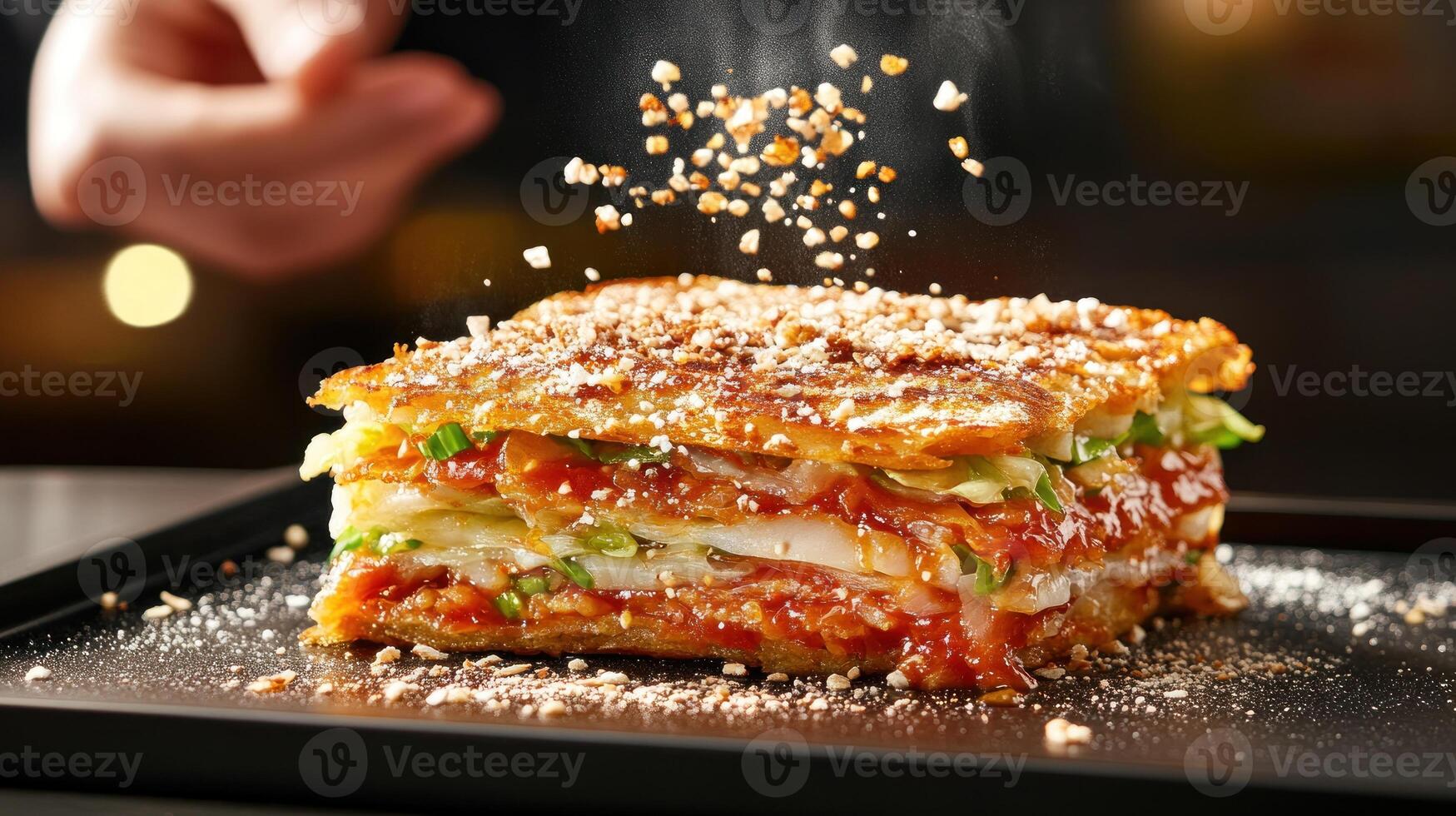 Chef sprinkling topping onto a delicious lasagna for restaurant menu shot on a black background photo