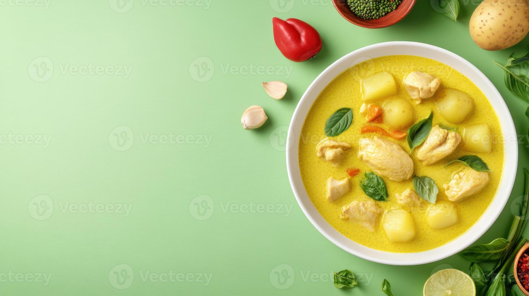 Chicken and potato stew with herbs. A healthy dish with vegetables and spices on background photo