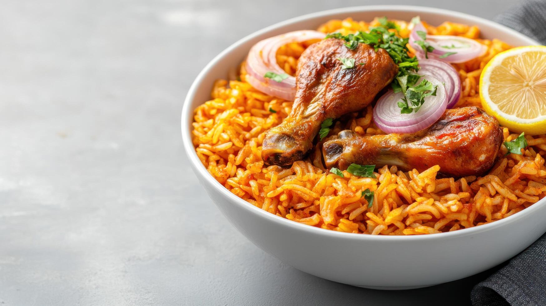 Chicken and rice in a bowl with onions. A vibrant food presentation for marketing concepts photo