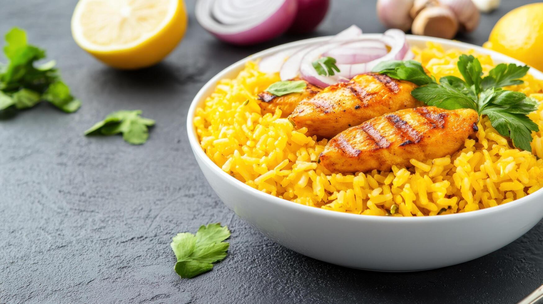 Chicken and rice dish with lemon garnish. For meal ads or website food recipe blogs photo