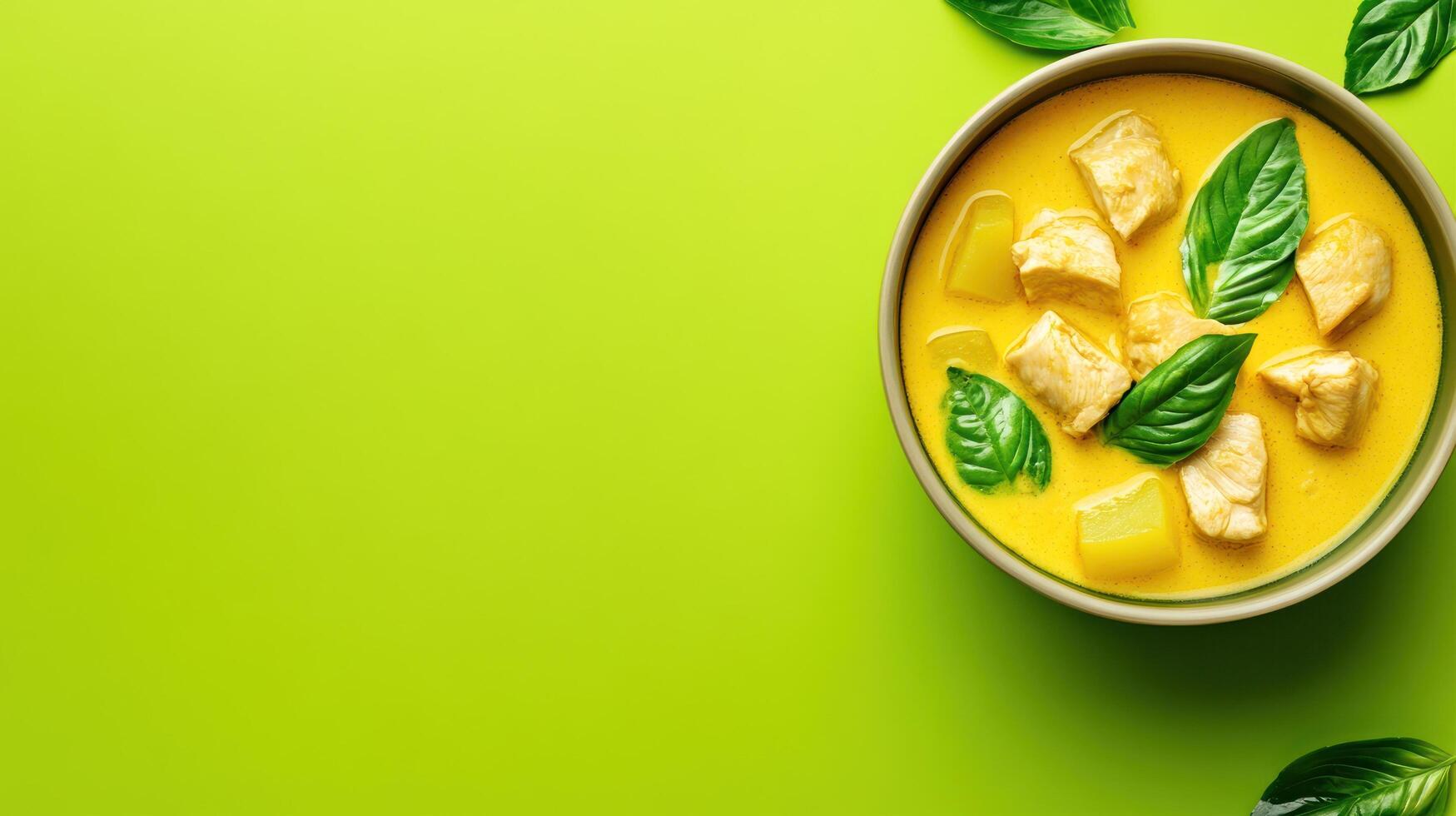 Chicken and vegetable soup with basil on green background for healthy eating recipe photo