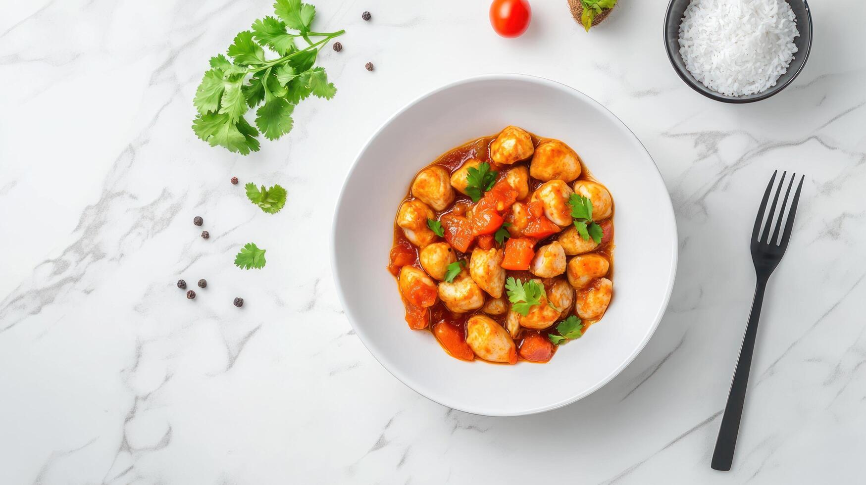 Chicken and tomato dish served in bowl on a marble backdrop. Possible for recipe or cooking content photo