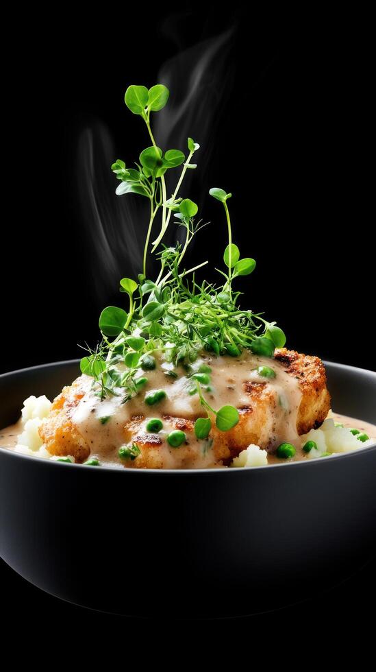 Chicken breast with mashed potatoes and herbs in a bowl, steam in black background. Menu photo