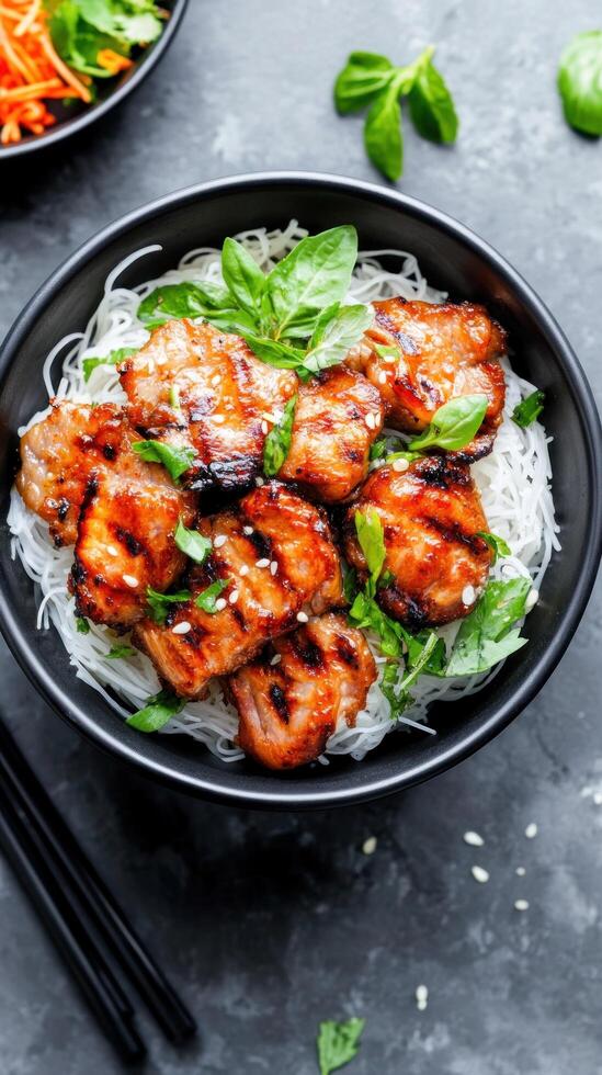 Chicken bites, noodles, and vegetables being served in a dark bowl. Food photography use photo