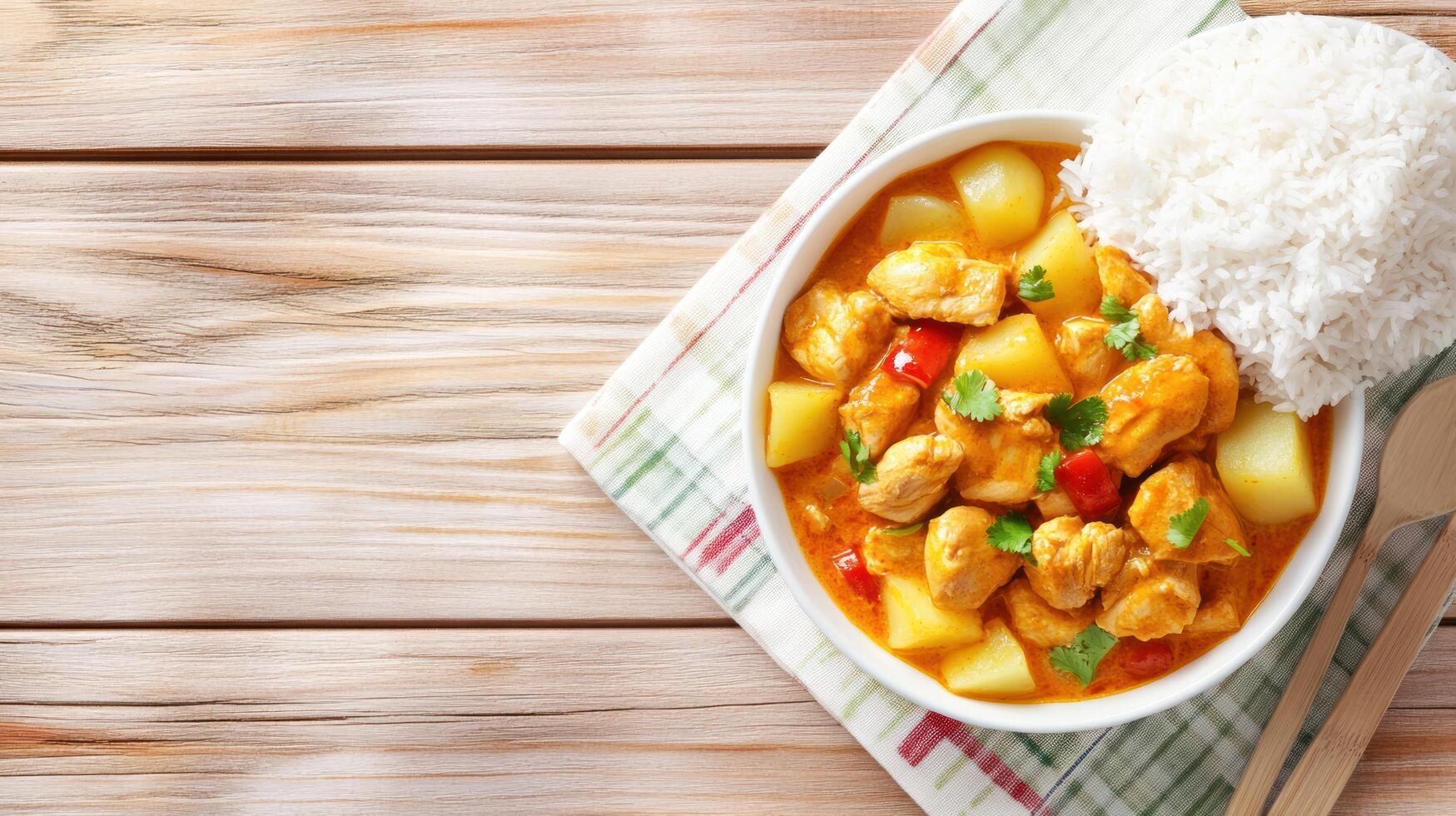 Chicken curry and rice in a bowl, on a table. Home cooked dinner for a healthy meal photo