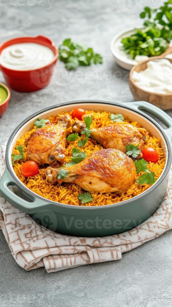 Chicken drumsticks with spiced rice, tomatoes, and herbs in a casserole dish, food photography photo