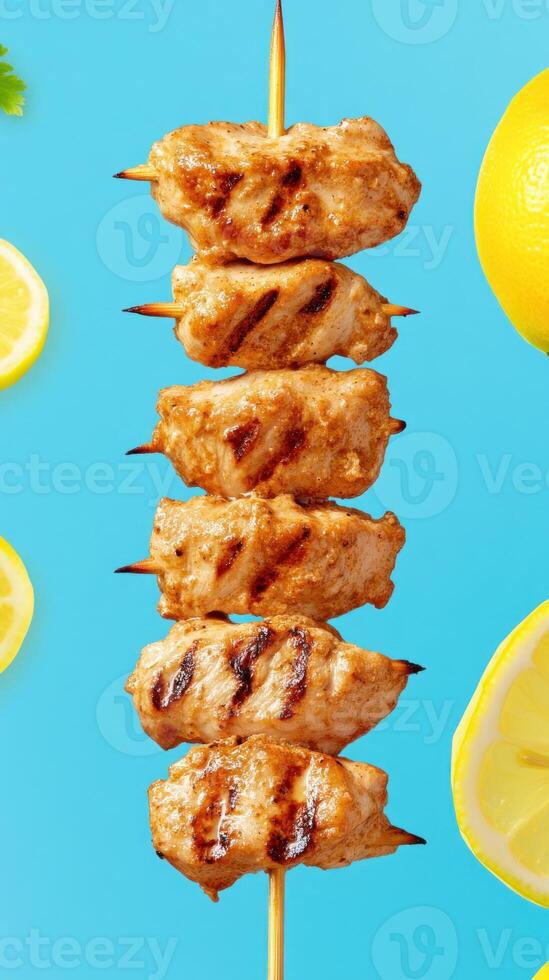 Chicken kebab on blue background with lemon. Summer recipe for restaurant ads, recipes photo