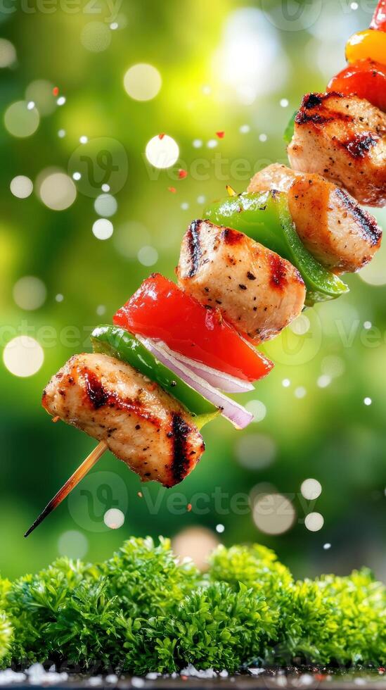 Chicken kebab on stick with peppers grilling in sunny backyard, catering photo